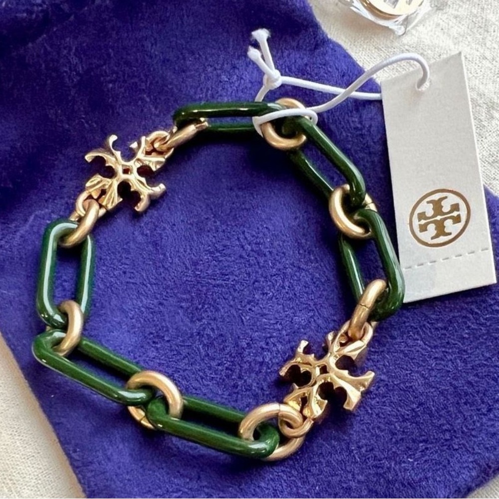NWT Tory Burch Roxanne Chain Bracelet in Equestrian Green / Gold $228